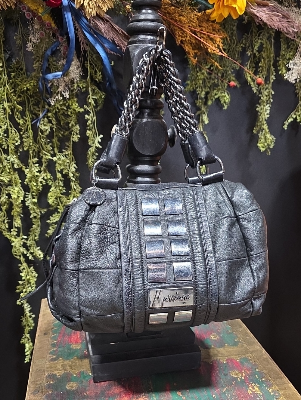 Marciano Black Quilted Leather Satchel with Chain Handles